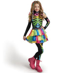 Spooktacular Creations Halloween Kids Skeleton Costume, Funky Punky Bone Colorful Skeleton Deluxe Costume, Halloween Girls Outfit Set with Hair Extensions