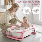 MoreFeel Foldable Baby Bathtub with Thermometer - 4-in-1 Grow-with-Me Collapsible Infant Tub (Newborn to Toddler) with Adjustable Mesh Sling - Space Saving Design