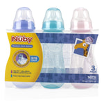 Nuby standard neck bottles packaging with three bottles in different colors on a white background.