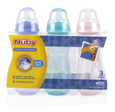 Nuby standard neck bottles packaging with three bottles in different colors on a white background.
