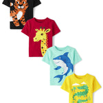 The Children's Place Baby Boy's and Toddler Animal Short Sleeve Graphic T-Shirts,Multipacks, Tiger/Girafe/Shark/Alligator 4-Pack