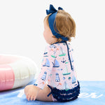 RuffleButts Baby Girls UPF 50+ Sun Protection Novelty Print Long Sleeve One Piece Rash Guard Swimsuit with Zipper - Pink Sweet Sails, 3-6m