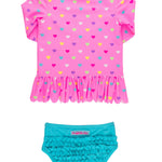 RuffleButts Baby/Toddler Girls Scalloped Long Sleeve Rash Guard 2-Piece UPF50+ Sun Protected Swimsuit - Neon Pink Colorful Hearts, 2T