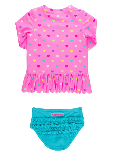 RuffleButts Baby/Toddler Girls Scalloped Long Sleeve Rash Guard 2-Piece UPF50+ Sun Protected Swimsuit - Neon Pink Colorful Hearts, 2T