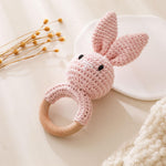 Wooden Baby Rattle，Crochet Bunny Rattle with Wood Ring, Newborn Wooden Animal Rattle Toy，Infant Pink Bunny Wood Rattle Toys