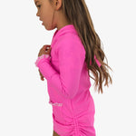 RuffleButts Girls UPF50+ Sun Protective Ruched Quarter-Zip Cover-Up - Neon Pink, 3-6m