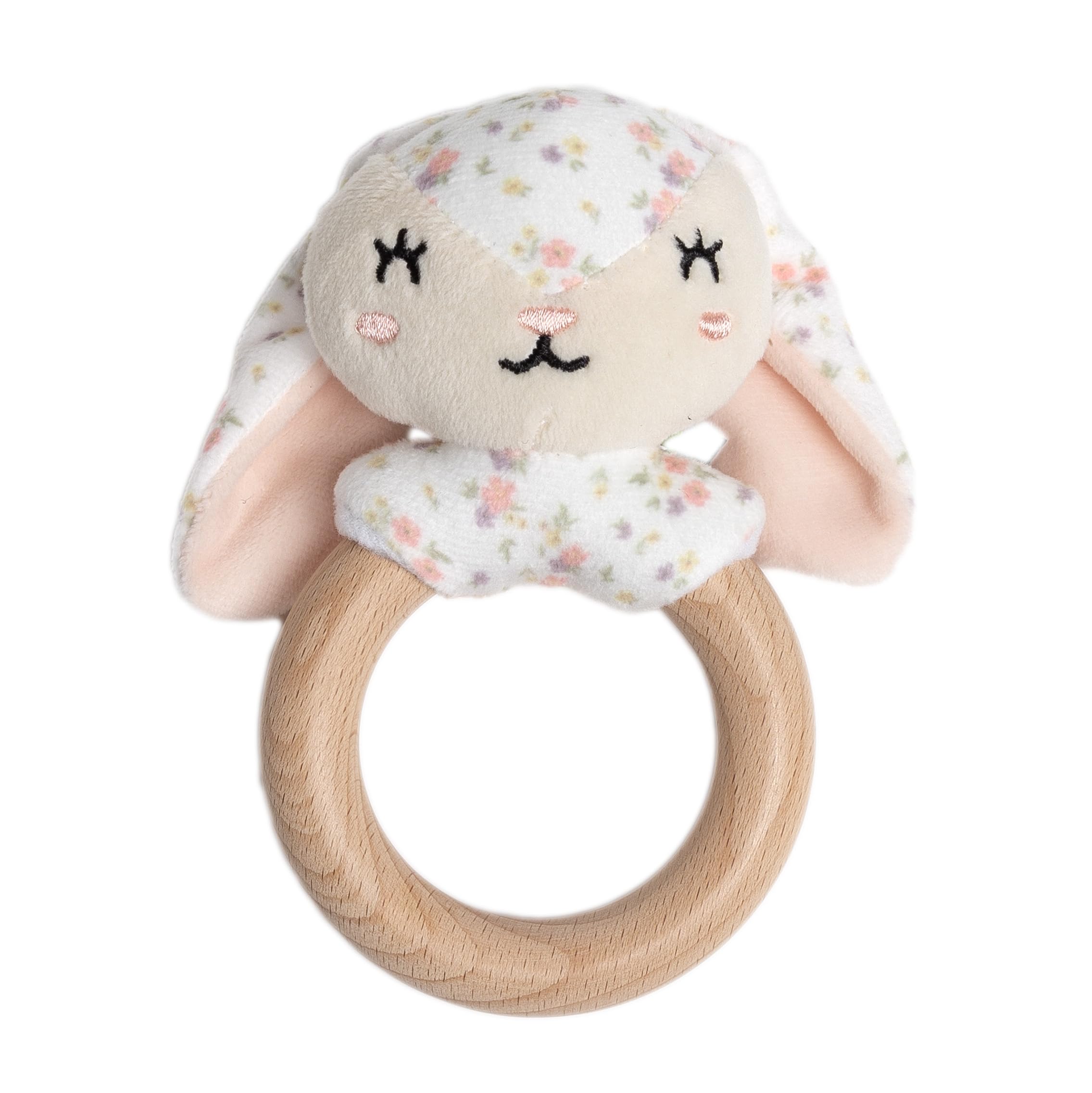 Pearhead Floral Bunny Wooden Baby Teething Ring, Natural Wood & Plush Infant Teether Rattle, BPA-Free Newborn Gum Soother, Easy-Grip Sensory Toy, 0 Months+