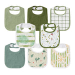 Collection of green and white patterned baby bibs on a white background