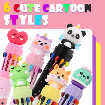YOYTOO Multicolor Ballpoint Pen 0.7 mm, 10-in-1 Colored Pens Fine Point Retractable Cute Cartoon Animal Ballpoint Pens for School Office Supplies Students Kids Birthday Gifts, 6 Pack