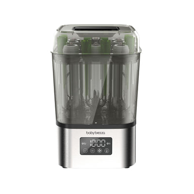 Baby bottle sterilizer with digital display on a white background