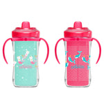 Two children's sippy cups with pink lids and handles, one turquoise with mermaid design and one pink with wave pattern, on a white background.