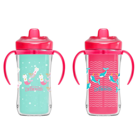 Two children's sippy cups with pink lids and handles, one turquoise with mermaid design and one pink with wave pattern, on a white background.