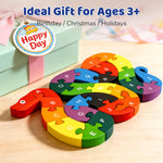 LovesTown Wooden Puzzles for Kids, Double Sided Snake Jigsaw with Alphabet & Numbers, Montessori Educational Toy for Toddlers, Chunky Animal Gift
