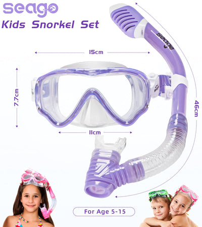 Seago Kids Snorkel Set Dry Top Snorkel Mask Snorkeling Gear for Kids Boys Girls Youth, No Leak Comfy Mouthpiece Anti-Fog 180° Panoramic View Scuba Diving Swim Pool Equipment Snorkeling Kit
