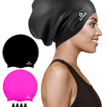 2 Pack Extra Large Swim Cap for Braids and Dreadlocks, Silicone Swimming Caps for Long Hair, Weaves, Extensions, Curls & Afros, Waterproof Adult Swim Hats Bathing Caps for Women Men(Black+Rose Red)