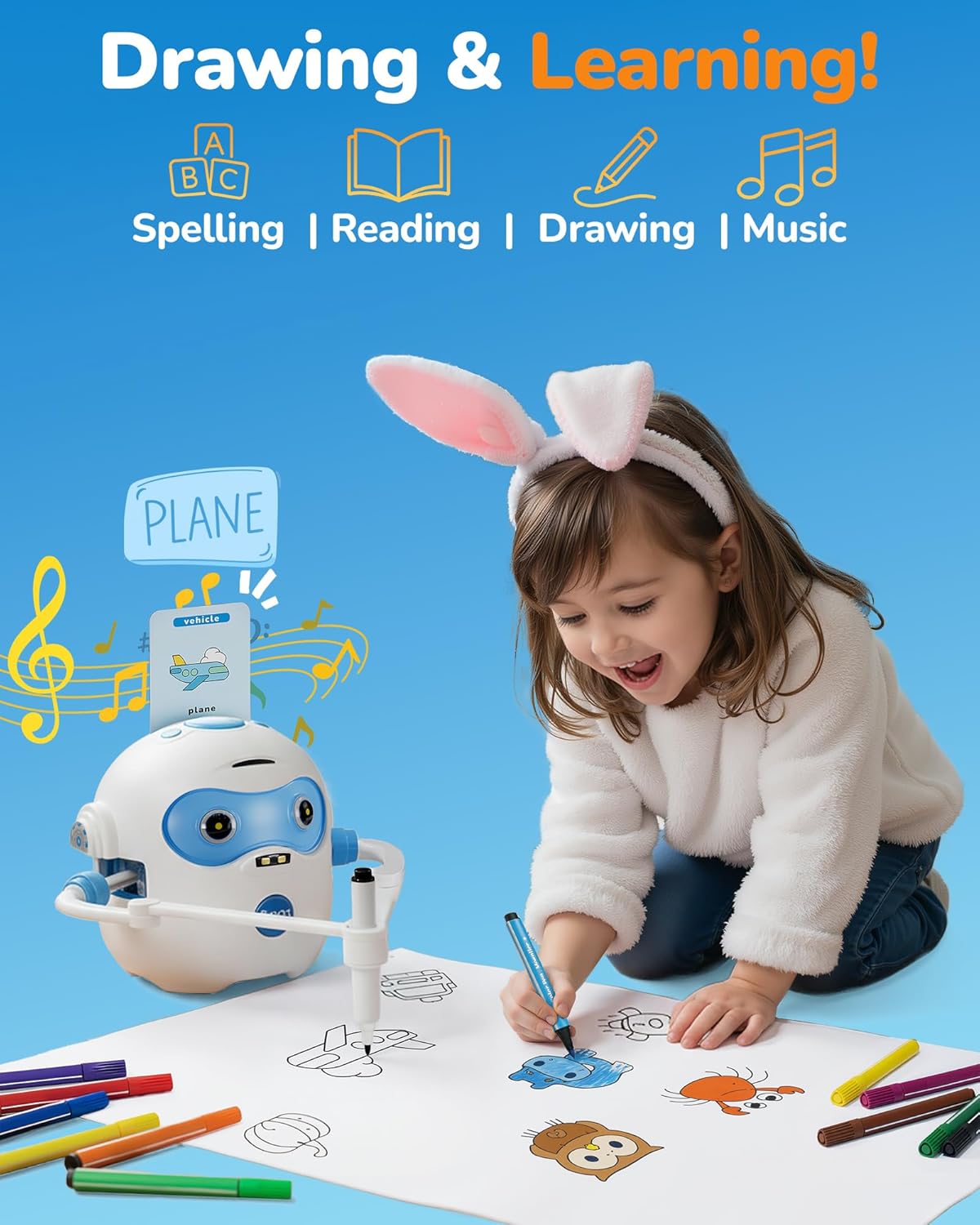 QIBOX Drawing Robot for Kids, 4-in-1 Draw/Learn/Spell/Music Interactive Educational Robot Drawing Machine with 100 Cards & 12 Color Pens,Learning Toys for 3 4 5 6 7 8 Year Old Boys Girls Birthday Xmas