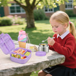 Aimsnk Magical Dinosaur Kids Lunch Box Set -12oz Insulated Food Jar, Leakproof Lunch Food Containers Cutlery, Leak-Proof Sauce Cup & Spoon, Purple+Jar
