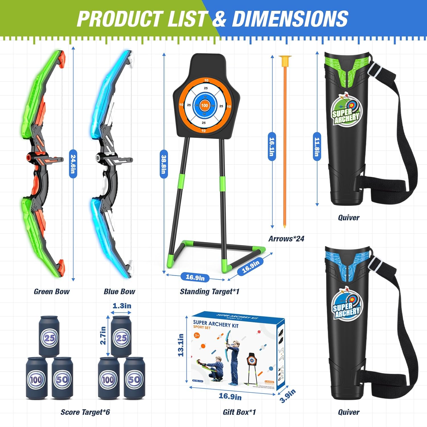 2 Pack Bow and Arrow for Kids, LED Light Up Archery Set with 24 Suction Cup Arrows, 1 Standing Target, 6 Score Targets & 2 Quiver, Indoor Outdoor Sport Gifts for Boys Girls Ages 4-8