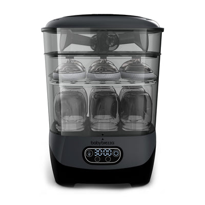 Black baby bottle sterilizer with digital display on a white background