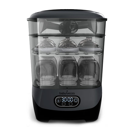Black baby bottle sterilizer with digital display on a white background
