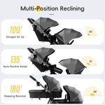 MU Double Stroller, Foldable Twin Tandem Stroller with Adjustable Backrest, Reversible Seat, 5-Point Harness, Storage Basket, Convertible Baby Bassinet for Infant and Toddler, Gray