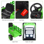 Costzon Ride on Tractor with Detachable Trailer, Kids' Electric Vehicles w/3-Gear-Shift Ground Loader, Wireless Design & USB, 7 LED Headlights, Remote Control Tractor Toy for Kids 3+ (12V, Green)