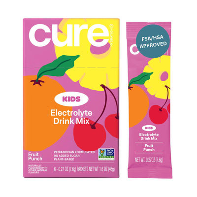 Cure Kids Electrolyte Drink Mix packaging for fruit punch flavor on a white background