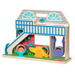 Colorful wooden playhouse toy with slide and windows on a white background