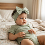 FOCUSNORM Baby Girl Summer Clothes Ribbed Short Sleeve Romper Solid Color Bodysuits Bow Headband Outfit Newborn Girl Jumpsuit (Pea Green, 0-3 Months)