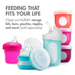 Boon Nursh Reusable Silicone Pouch Baby Bottles - Slow Flow Nipple - Silicone Baby Bottle Pouch and Nipple - Baby Feeding Essentials - Gray - 0-3 Months - 3 Count - 4 Ounce