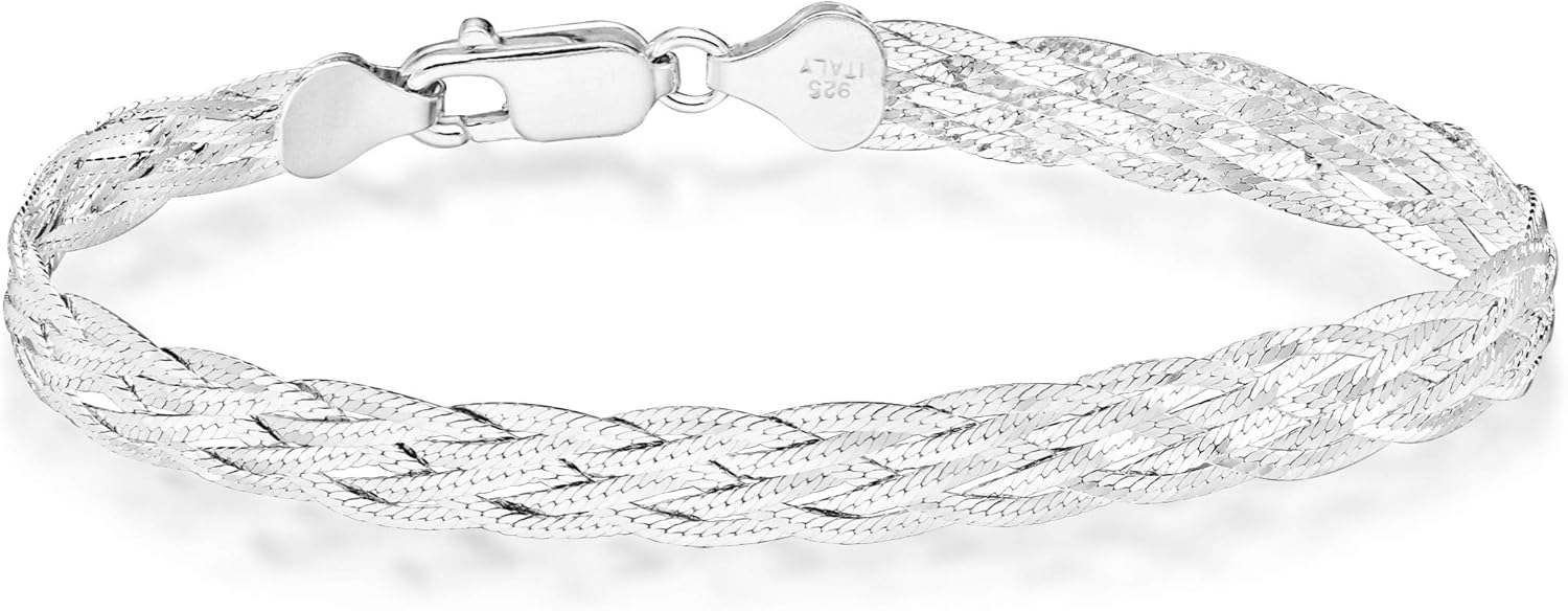 Miabella 925 Sterling Silver Italian 6-Strand Diamond-Cut 7mm Braided Herringbone Chain Bracelet for Women, 925 Italy