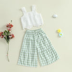 Toddler Baby Girl Outfit Summer Sleeveless Lace Hollow Out Crop Tank Tops Plaid Wide Leg Pants Set 2PCS Clothes