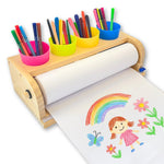 Wooden Tabletop Paper Roll Dispenser with Safety Sliding Cutter - Kids Art Easel with Roll of Paper (11.4”x 98.4ft)- Pencil Cups and Drawing Kit 30 Piece Set (Safety Sliding Cutter)