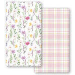 Horaldaily 2 Pack Fitted Crib Sheet for Boys Girls,Soft Breathable Washable Jersey Microfiber Baby Crib Sheet, Fits Standard Size Crib Mattress 28in x 52in, Floral Plaid Nursery Sheet Pink/White