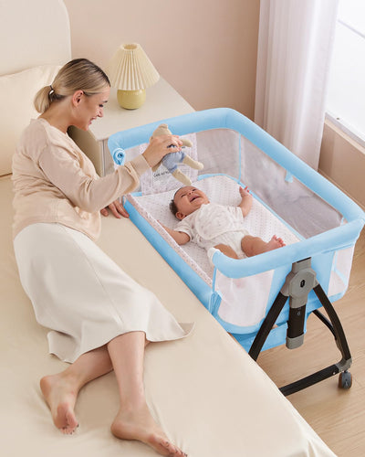 wayfong 3 in 1 Baby Bassinet, Bedside Crib with Breathable Mesh, Bassinet Bedside Sleeper with Wheels, Mosquito Net, Storage Basket, 6 Height Adjustable, Easy to Assemble