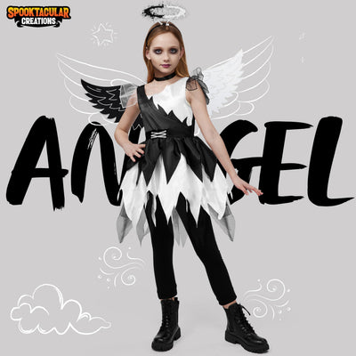 Spooktacular Creations Child Twisted Angel Costume, Girls Half Angel Half Devil Dress, Kids Outfit Set with Wings and Headband for Halloween Party Role Play, L