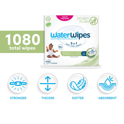 WaterWipes Sensitive+ Baby & Toddler Wipes, 3-In-1 Cleans, Cares, Protects, 99.9% Water, Textured Clean, Unscented & Hypoallergenic, 1080 Count (18 Packs)