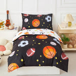 PERFEMET Sports Theme Toddler Boys Bedding Set 4 Pieces Basketball Football Printed Toddler Comforter Set Reversible Design Ball Games Bed in A Bag (Black, Toddler)
