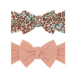 Baby Bling Bows - Newborn to Little Baby Girl Bows, 2PK PRINT SOLID KNOTS Nylon Super Soft Stretchy Toddler Headbands, Perfect Hair Accessories Head Bands for Infant Kids (Spice Floral & Rose Gold)