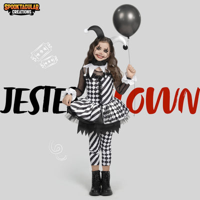 Spooktacular Creations Girls Clown Costume, Halloween Evil Clown Costume, Black and White Jester Dress for Girls Halloween Dress Up, Role Play, Cosplay Party