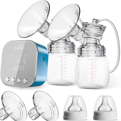 Lulula breast pump with clear reservoirs and attachments on a white background