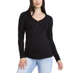 Motherhood Maternity Women's Long Sleeve V-Neck Side Ruched Henley Pregnancy Tee Shirt, Black, Small