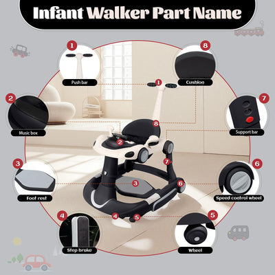 Baby Walker, 4-in-1 Baby Walker with Wheels Portable, Foldable Infant Toddler Walker for Boys Girls 6-18 Month,Removable Footrest,Car Steering Wheel & Music, Adjustable Push Walker Black