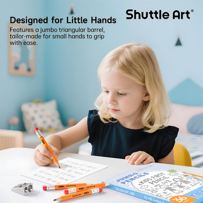 Shuttle Art Jumbo Pencils - 36 Pack Triangle Pre sharpened Pencils #2 HB with Top Erasers & Sharpener, for Kids Ages 4-6, Kindergarten School Supplies, Ideal for Home, Classroom