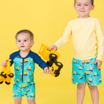 RUGGEDBUTTS Baby/Toddler Boy Swimsuit, One Piece Zipper Rash Guard Sunsuit with UPF 50+ Sun Protection - Under Construction, 6-12m