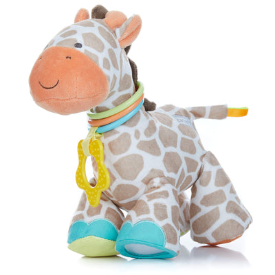 Plush giraffe toy with colorful elements on a white background