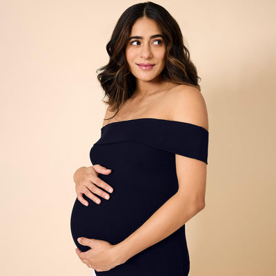 Motherhood Maternity Women’s Off-The-Shoulder Rib Knit Pregnancy Top, Black, Medium
