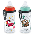 Two children's bottles with cartoon character designs on a white background