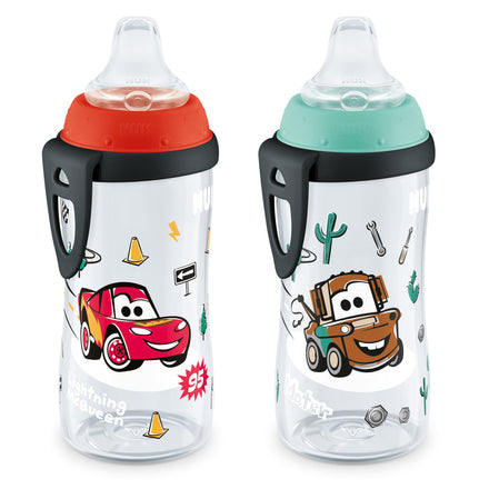 Two children's bottles with cartoon character designs on a white background