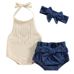TheFound Toddler Baby Girl Summer Outfit Solid Color Tie-Up Halter Neck Knit Sweater Romper Denim Short Headband 3Pcs Clothes (Blue, 6-12 Months)